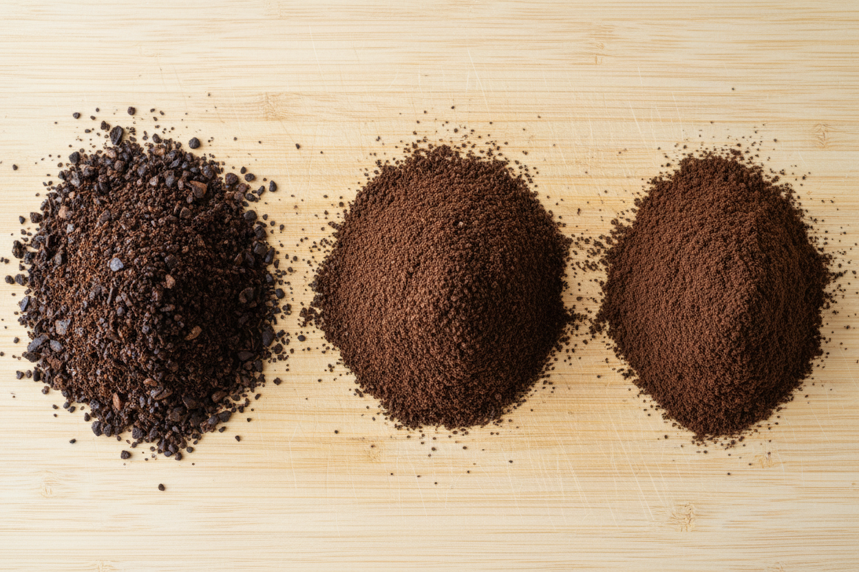 Tres moliendas de café — gruesa, media y fina — colocadas sobre una mesa.