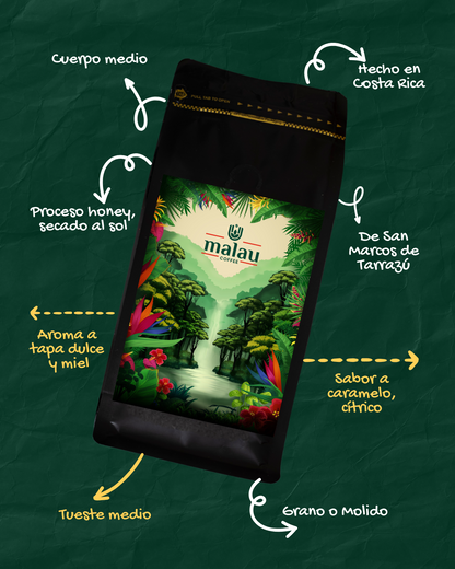 Bolsa de Malau Coffee sobre fondo verde con las características del café.