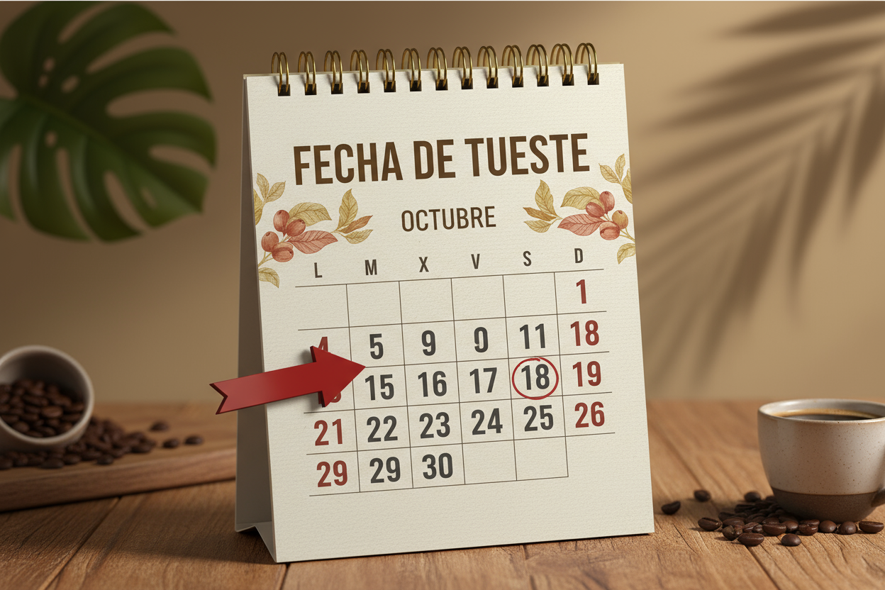 Vista de calendario de octubre con la fecha de tueste marcada y una flecha roja señalándola.