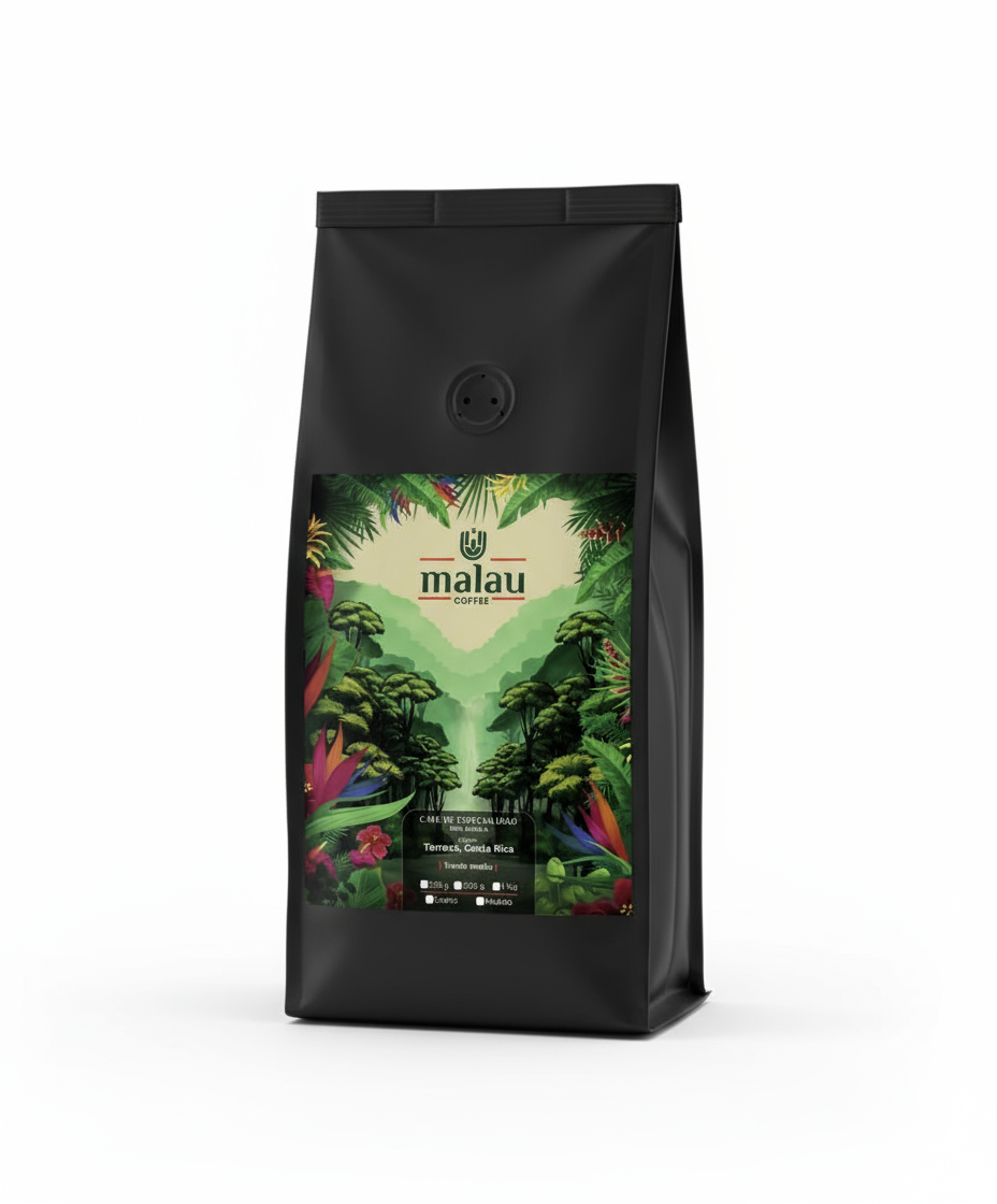 Frente bolsa Malau Coffee con etiqueta detallada.