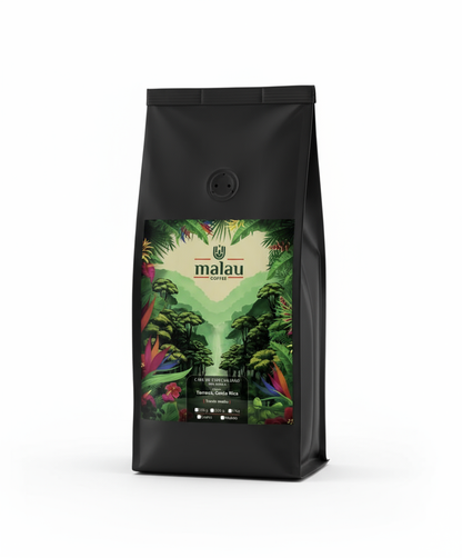 Frente bolsa Malau Coffee con etiqueta detallada.