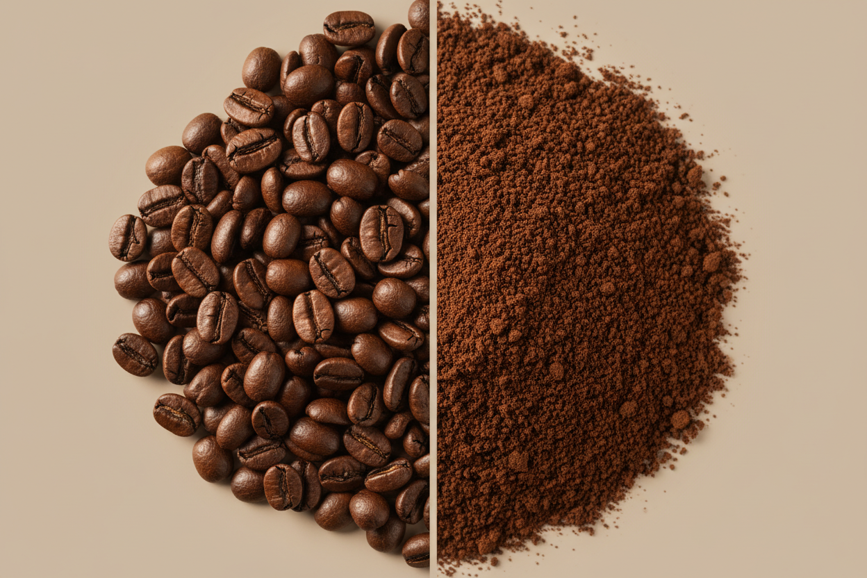 Comparación entre grano de café a la izquierda y café molido a la derecha.