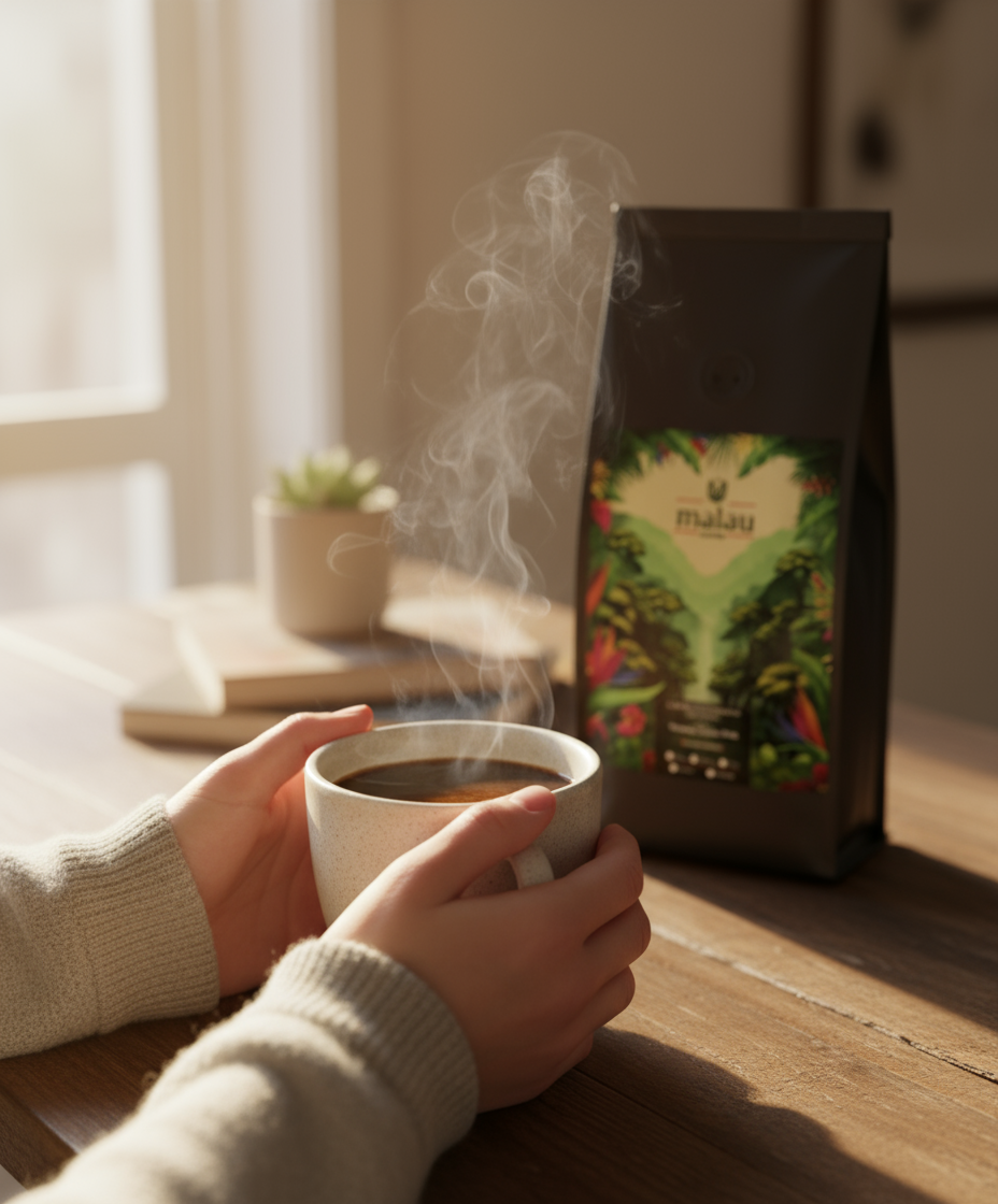 Manos sosteniendo una taza de café por la mañana, con una bolsa de Malau Coffee al fondo.