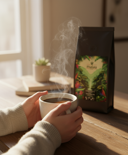 Manos sosteniendo una taza de café por la mañana, con una bolsa de Malau Coffee al fondo.