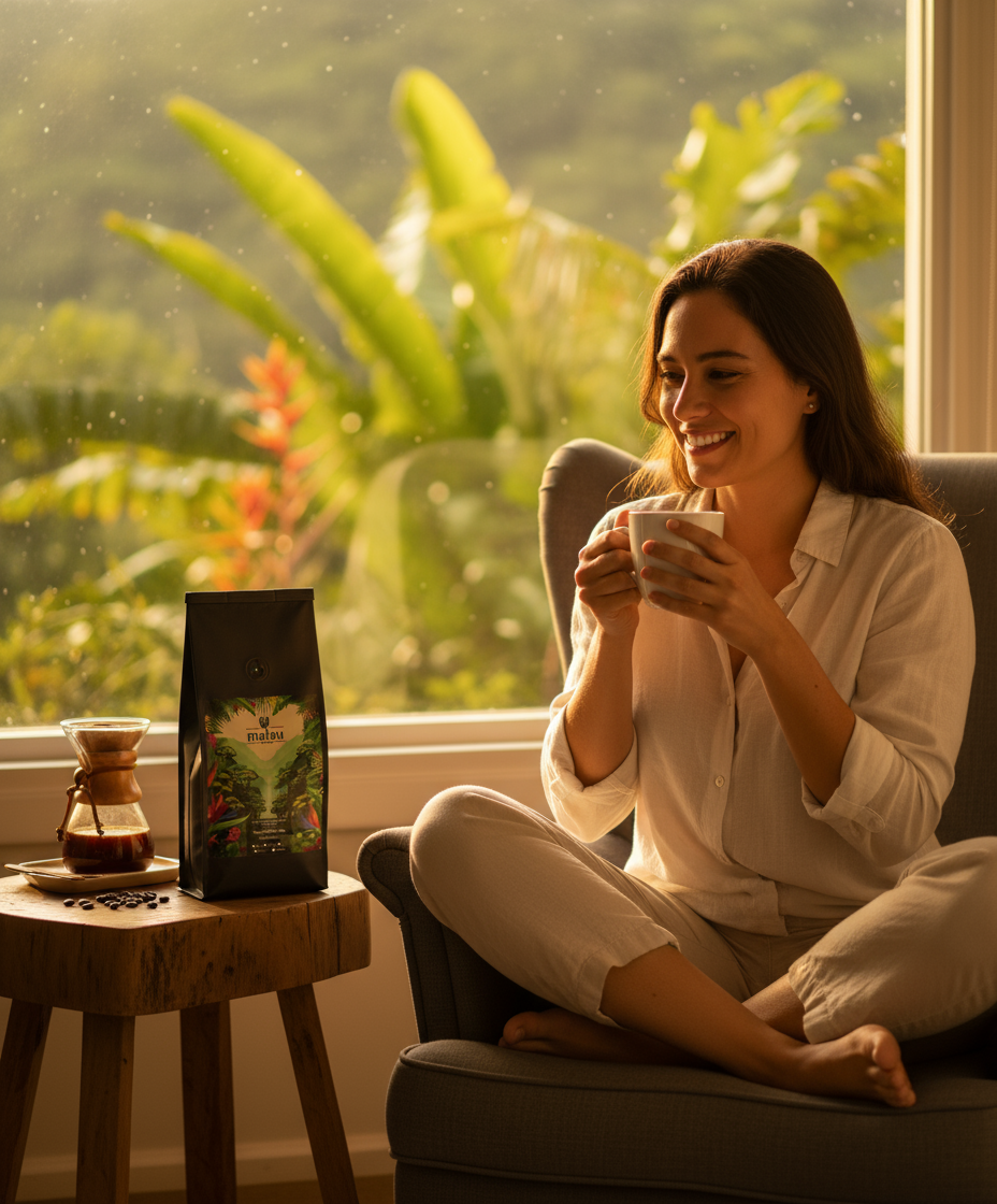 Mujer sentada en un sillón disfrutando una taza de Malau Coffee; en la mesa frente a ella hay una bolsa de café y una Chemex. Al fondo se ve un ventanal con plantas tropicales.