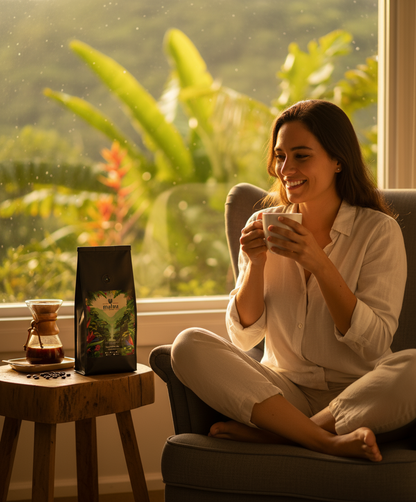 Mujer sentada en un sillón disfrutando una taza de Malau Coffee; en la mesa frente a ella hay una bolsa de café y una Chemex. Al fondo se ve un ventanal con plantas tropicales.