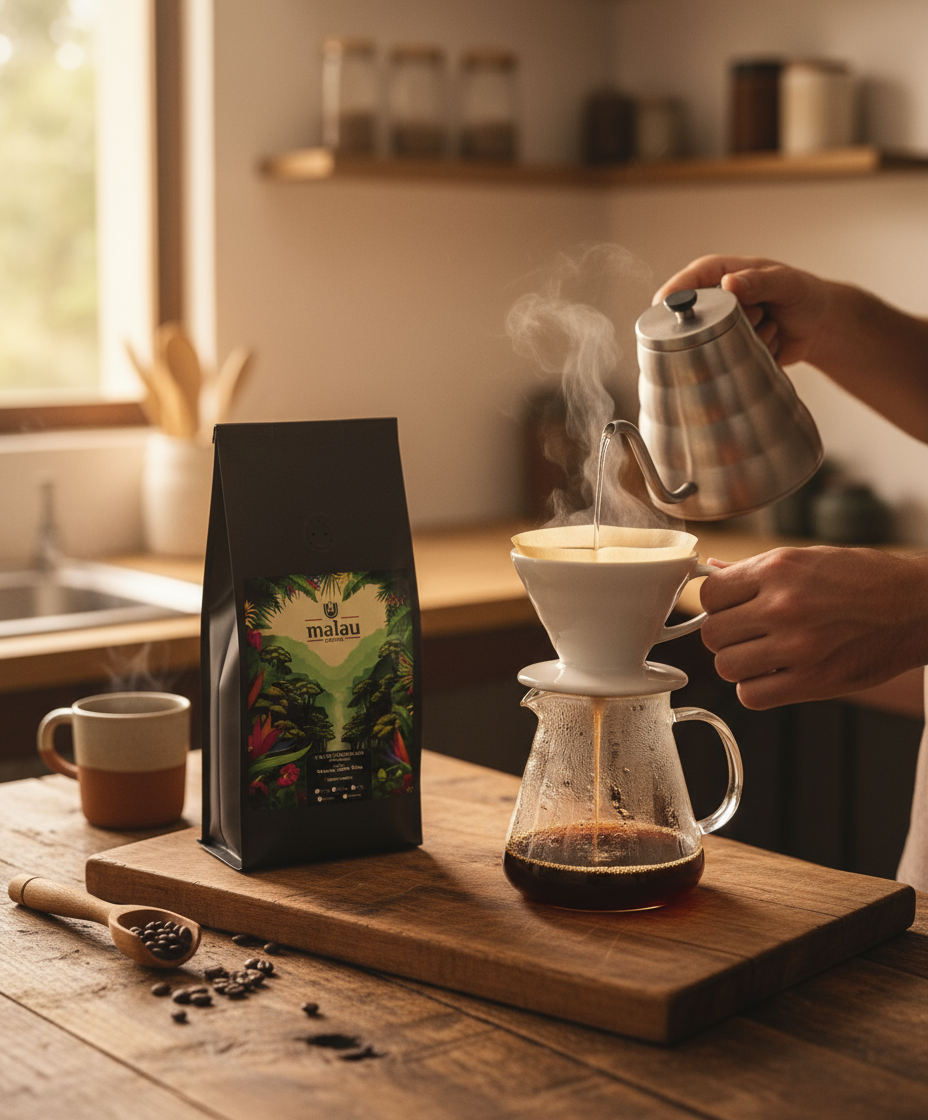 Preparación de café con un V60 en una cocina.