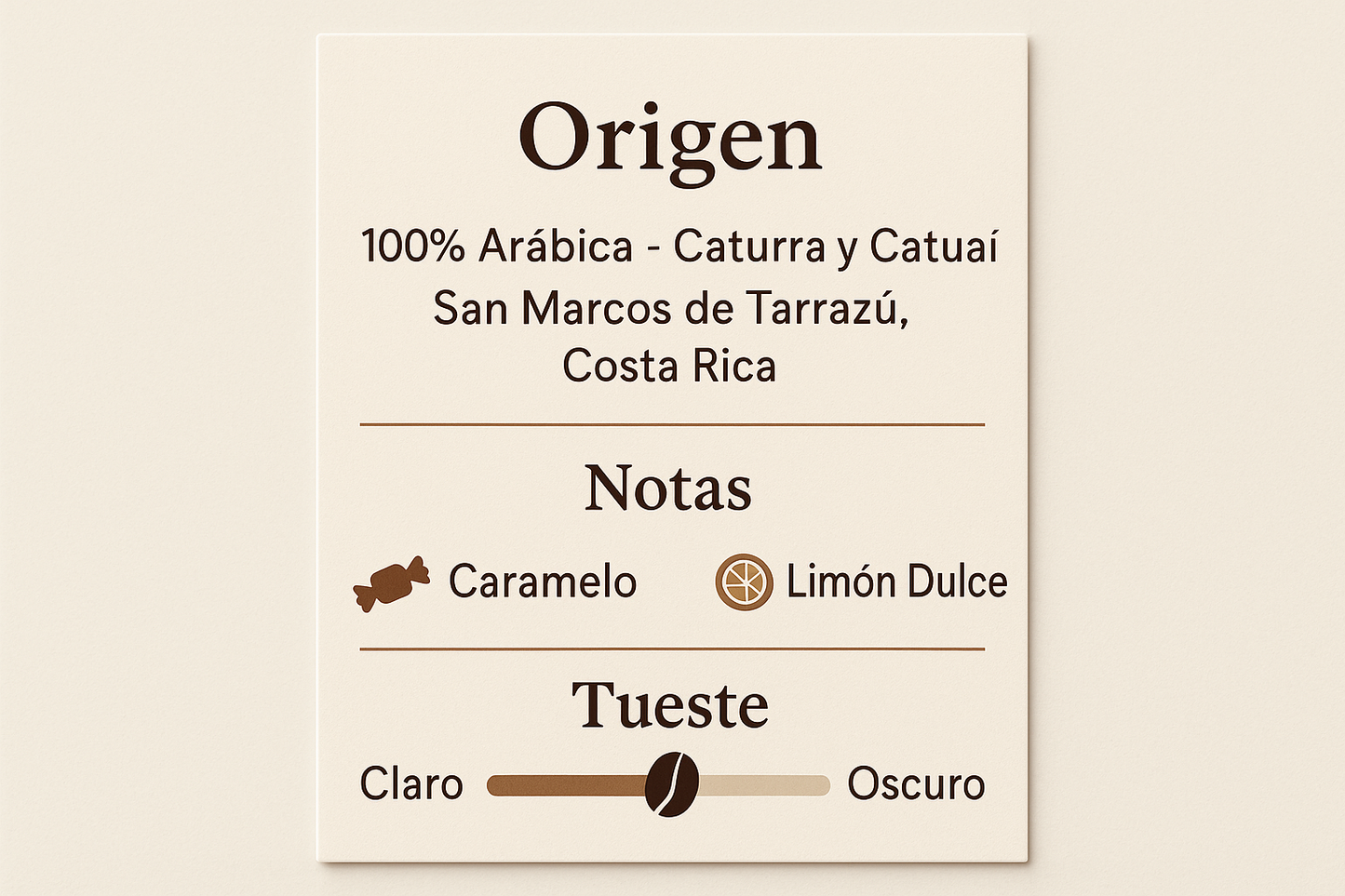 Tarjeta informativa del café Golden Honey de Malau Coffee que muestra el origen, las notas de sabor y el nivel de tueste.