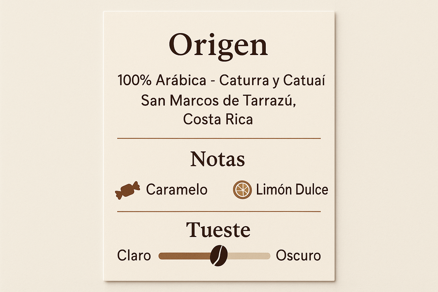 Tarjeta informativa del café Golden Honey de Malau Coffee que muestra el origen, las notas de sabor y el nivel de tueste.